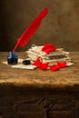 Ink well and red feather quill Royalty Free Stock Photo