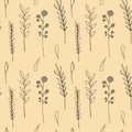 Ink wildflowers seamless pattern. Hand drawn poppy, burdock, wheat, grass, wild rose, chamomile, cornflower, geranium