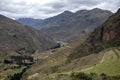 Inka ruins with Andens, stair-step like agricultural terrace dugs into the slope of a hillside in Pisac Archeological park, Peru