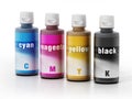 Inkjet printer refillable ink CMYK bottles. 3D illustration Royalty Free Stock Photo