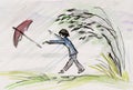 Inkwash painting, umbrella flying away Royalty Free Stock Photo