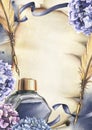 Inkwell with blue ink, gold pen, hydrangea flowers, ribbons, blots and splashes. Hand drawn watercolor illustration Royalty Free Stock Photo