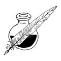 Inkwell with feather hand drawn. Vector illustration inkwell and feather. Inkwell with pen icon Royalty Free Stock Photo