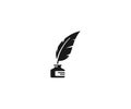 Inkwell and feather pen logo template. Ink bottle and quill pen vector design