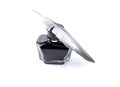 Inkwell and feather quill isolated on a white background. Glass bottle with mascara. Black liquid in a glass bottle.