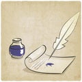 Inkwell pen paper old background Royalty Free Stock Photo