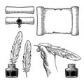 Inkwell, scroll and female hand holding goose feather. Vector engraving Royalty Free Stock Photo