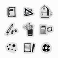 Inky black hand drawn school supplies and stationery stickers icons set Royalty Free Stock Photo