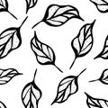 Inky black and white leaf seamless vector pattern background. Botanical vintage illustration style hand drawn line art