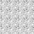 Inky wild meadow leaves seamless vector pattern background. Black and white line art dense repeat with mixed foliage and