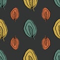 Inky wild meadow leaves seamless vector pattern background. Dark backdrop with hand drawn line art green orange, mustard