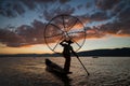 Inle Lake Intha fishermen at sunset in Myanmar Burma Royalty Free Stock Photo
