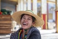 Portrait burmese girl a straw hat in local market. Inle lake, Myanmar, Burma