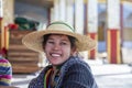 Portrait burmese girl a straw hat in local market. Inle lake, Myanmar, Burma