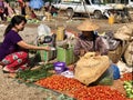 Inle Lake, Myanmar - November 9, 2019: Woman purchasing herbs in In Dein five-day market