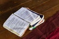 Inle, Myanmar - April 2019: open books in Burmese school for novice monks