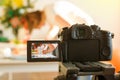 Inluencer vlogger working on table video camera Royalty Free Stock Photo