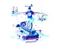 Inner balance in hand harmony between family household and work job time managementman circus performer riding unicycle Royalty Free Stock Photo