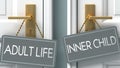 Inner child or adult life as a choice in life - pictured as words adult life, inner child on doors to show that adult life and