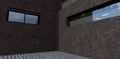 Inner corner. Wall of old dark brick. Window with mirror glass. Granite paving stones join directly to the house. 3d render