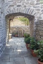 The inner courtyard of the Christian temple of Zoodochos Pigi in Vizitsa village South Pelion, Prefecture of Magnesia, Greece