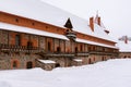 Inner courtyard of historical stone Trakai castle covered with snow, Lithuania. Winter landscape Royalty Free Stock Photo