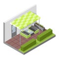 Inner courtyard isometric composition with patio. House with private terrace with covering from above. Covered veranda