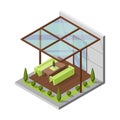 Inner courtyard isometric composition with patio. House with a private terrace and transparent glass cover. Covered