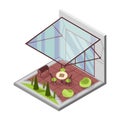 Inner courtyard isometric composition with patio. House with a private terrace and transparent glass cover. Covered