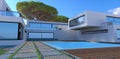 Inner courtyard of a modern country house with a swimming pool. Finishing the walls of the building with white plaster. Large