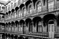 Inner courtyard of old historic yellow brick residential apartment building in Budapest on Jozsef korut. Royalty Free Stock Photo