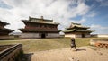 The inner courtyard of a traditional Mongolian monastery with the imposing monastery buildings in the steppe of central Royalty Free Stock Photo
