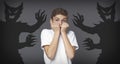 Inner Fears. Terrified Teen Boy Standing With Shadow Monsters Drawn Around Him