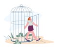 Inner freedom discovery. Stop limit life and oppressed, feeling free. Woman prison escape from cage, mental health kicky