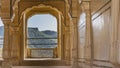 The inner hall in the Amber Fort Palace. Carved columns with elegant capitals Royalty Free Stock Photo