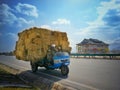 People carry bunch of haystack on a motorcycle driving on highway