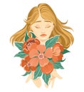 Inner peace concept, female holding flowers vector Royalty Free Stock Photo