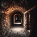 inner view of background dark old stone tunnel running beneath
