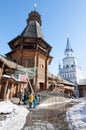 Inner yard of Izmailovo Kremlin with tipical Russiam medival architecture, Tourists go sightseeing.