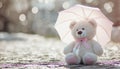 the innocence of a white and pink teddy bear holding a white umbrella,