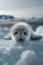 Innocent baby seal pup on iceberg photorealistic photography spotlighting vulnerability