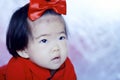 Innocent Chinese little baby in red cheongsam