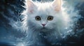 Innocent and confused look of longhaired white kitten among splashing water
