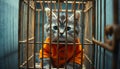 Innocent Eyes Behind Bars: A Kitten in an Old Cage Royalty Free Stock Photo
