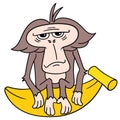 An innocent faced old monkey sitting gloomily on a large banana, doodle icon image kawaii Royalty Free Stock Photo