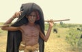 Innocent Indian shepherd in arid areas of India, Asia