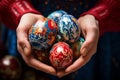 Innocent joy of childhood small hands holding easter basket with traditional bread and colorful eggs