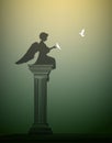 Innocent kind, small girl angel sitting on the column and touching the white pigeon, Royalty Free Stock Photo