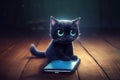 Innocent kitten using a mobile phone