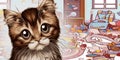 Innocent looking cat messy scattered room vector graphics illustration